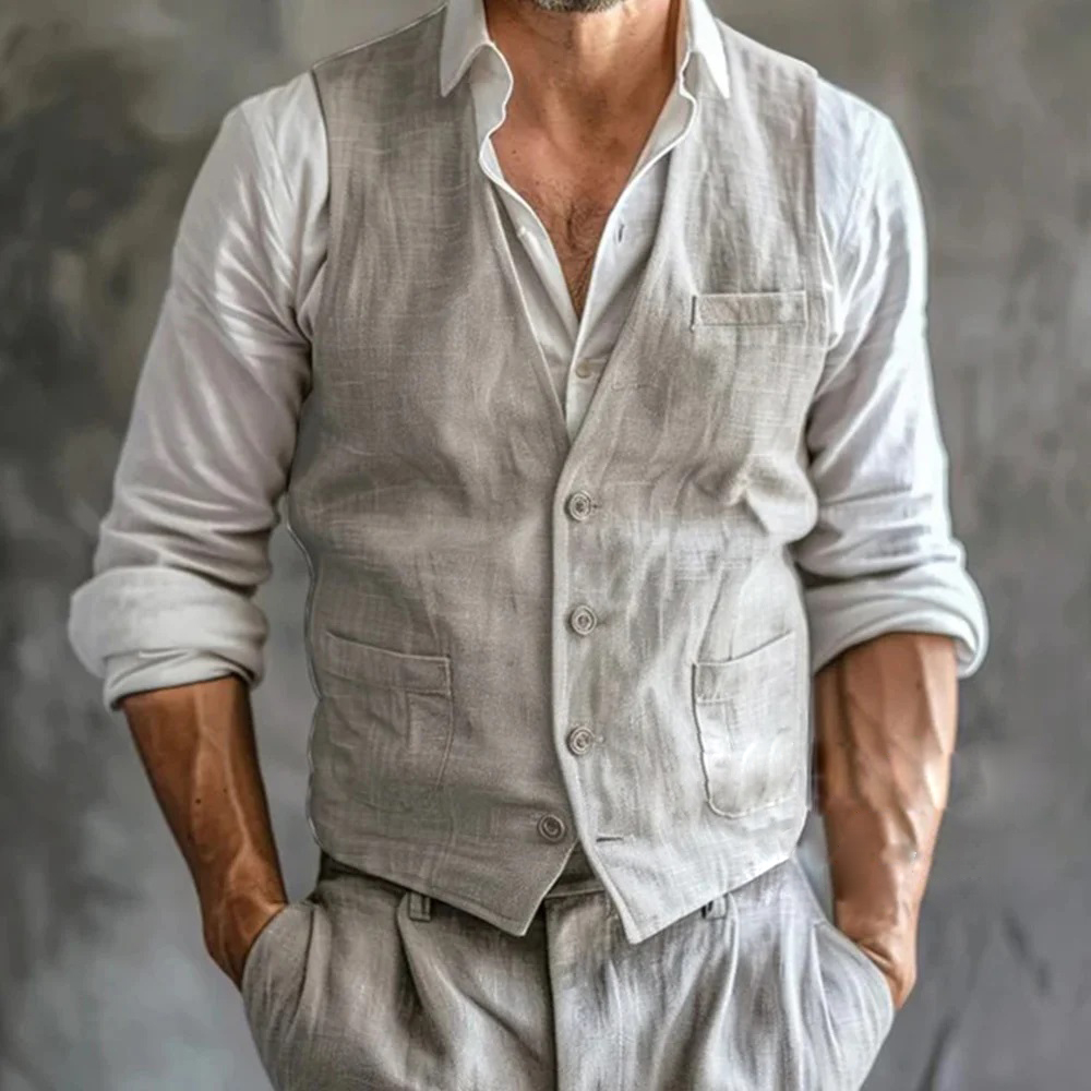 Formal Vest Waistcoat - ผู้ชายผ้าลินินฤดูร้อนชาย GILET คุณภาพสูงสีเทา Cool Breathable พร้อมกระเป๋าอย่างเป็นทางการ