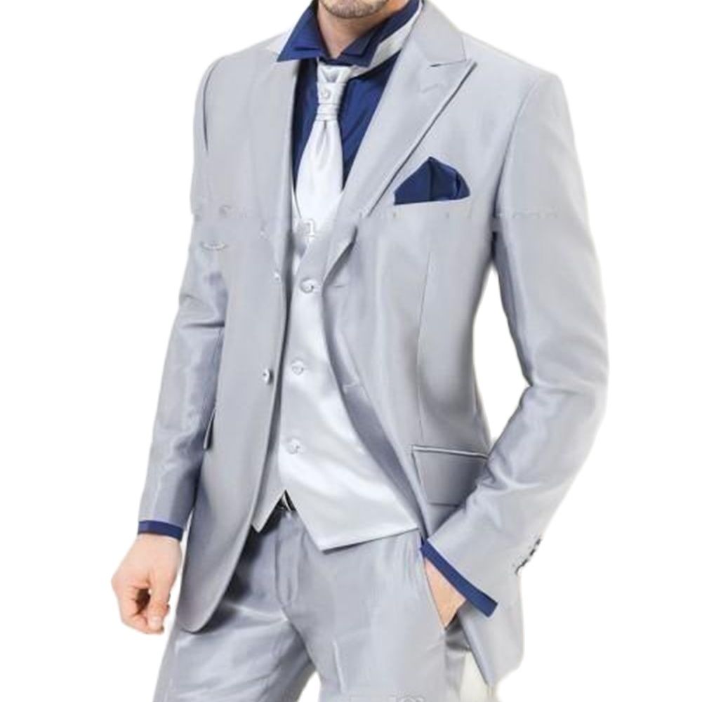 Men Formal Wear For Dinner - Custom Made Silver เงาซาตินผู้ชายชุด 3 ชิ้นเสื้อกางเกงเสื้อกั๊กฟรี