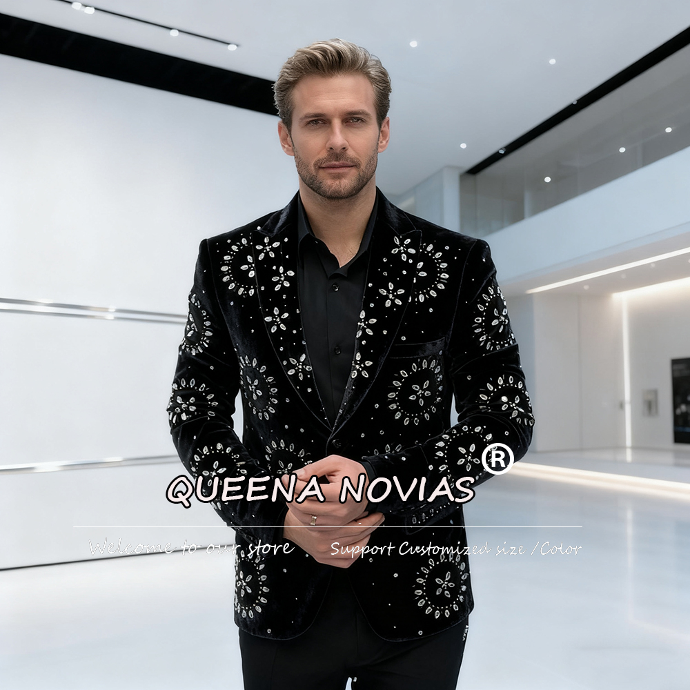 Men Formal Wear For Dinner - ชุดสูทเพชรหรูหราสำหรับผู้ชายสำหรับงานแต่งงาน 2 ชิ้น ชุดสูทกำมะหยี่สำหรับงานพรอม ชุดเจ้าบ่าวสำหรับงานเลี้ยงอาหารค่ำอย่างเป็นทางการ ชุดทักซิโด้สั่งตัดได้