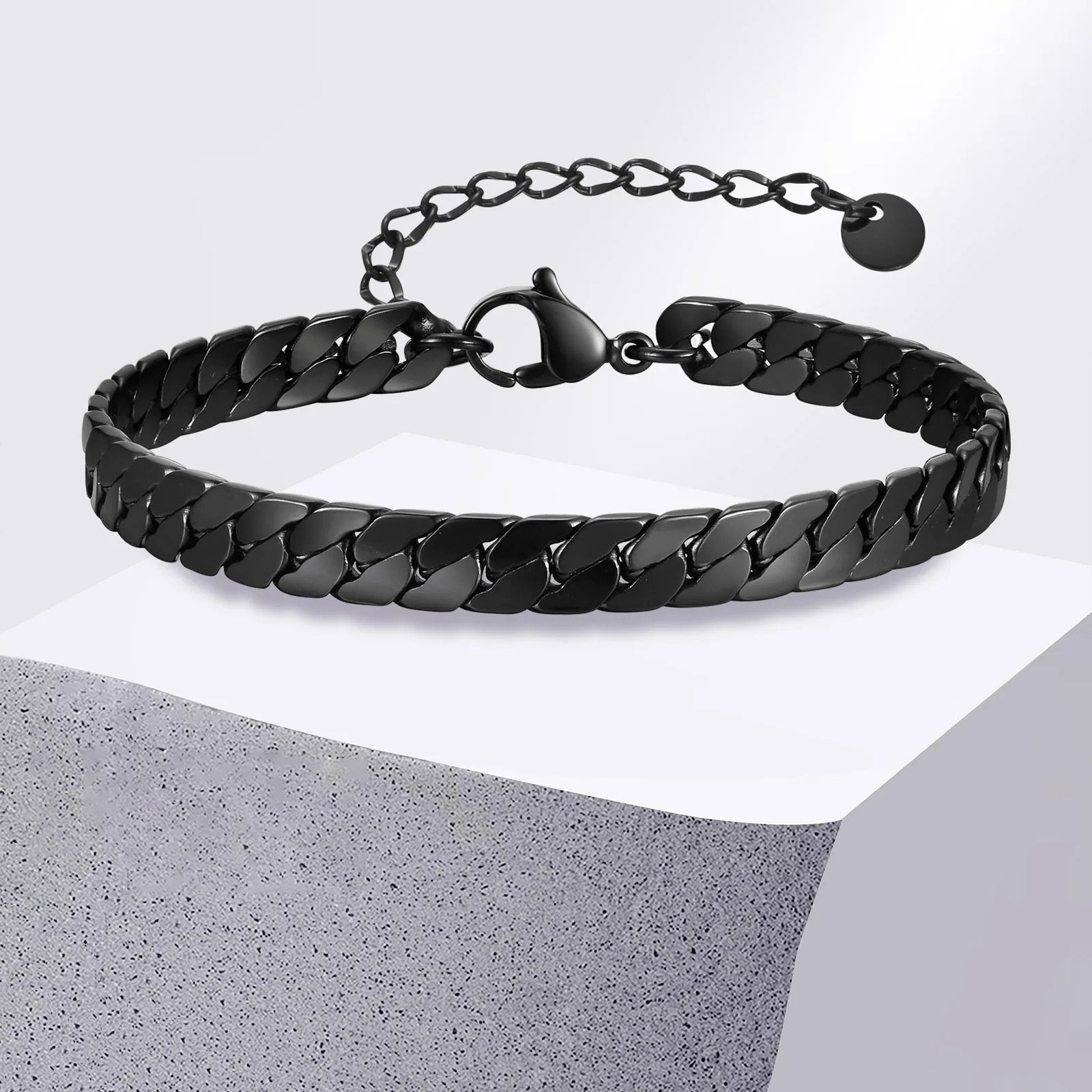 Men'S Gothic Formal Wear - สแตนเลสแบบกอธิคสีดําสร้อยข้อมือโซ่คิวบาสําหรับผู้ชาย,แบนไมอามี่ขอบลิงค์สายรัดข้อมือ,โลหะที่เรียบง่ายสวมใส่ทุกวันเครื่องประดับ