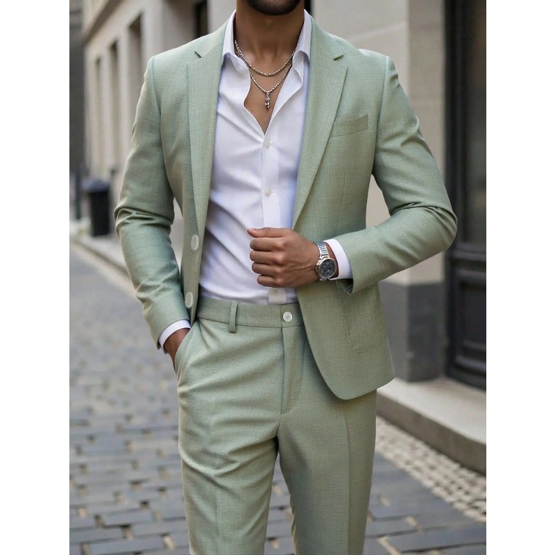 Men Formal Wear For Dinner - ชุดสูทและกางเกงสีพื้นสำหรับนักธุรกิจ ทรงเข้ารูปพร้อมกระเป๋าขนาดใหญ่ เหมาะสำหรับใส่ในฤดูใบไม้ผลิและฤดูใบไม้ร่วง สำหรับงานเลี้ยงอาหารค่ำและงานแต่งงาน