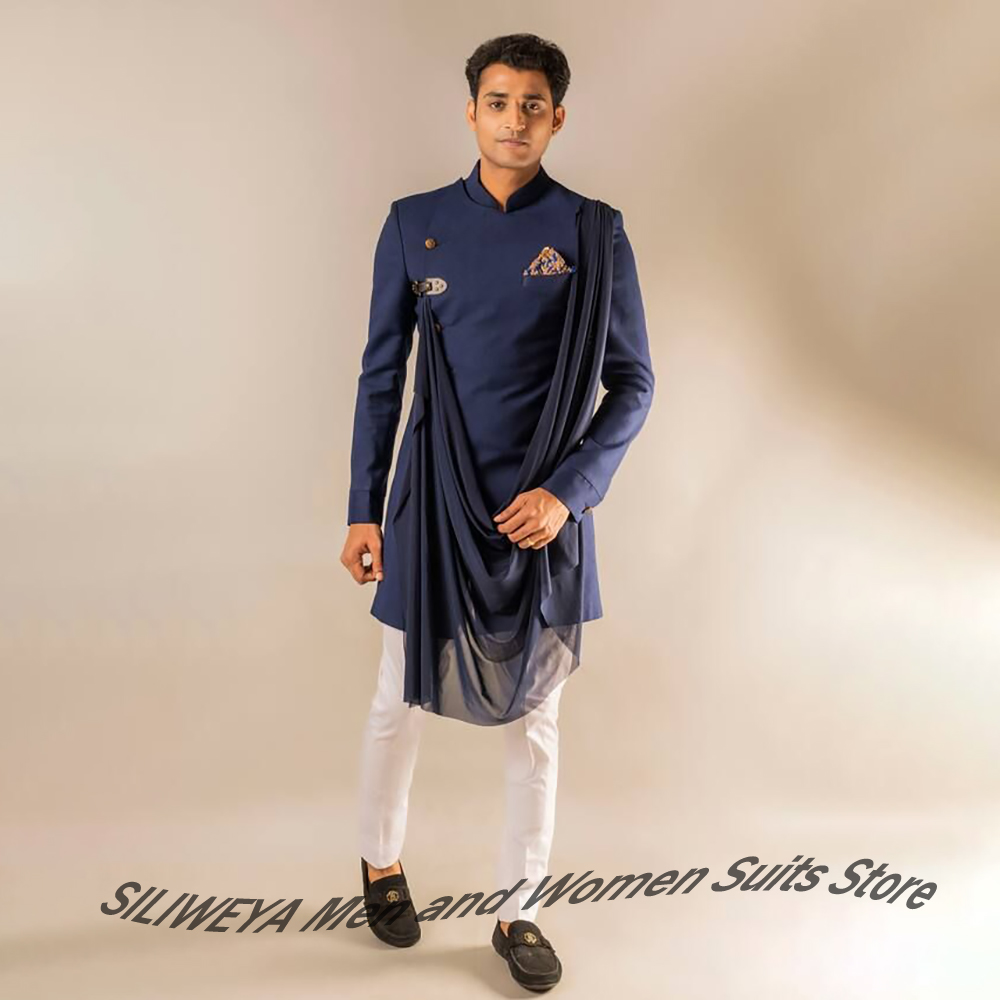 Men Formal Wear Indian - ชุดสูทสไตล์อินเดียสีน้ำเงินกรมท่าสำหรับผู้ชายสุดหรู ชุด 2 ชิ้น เสื้อสูทปกตั้งกระดุมแถวเดียว +