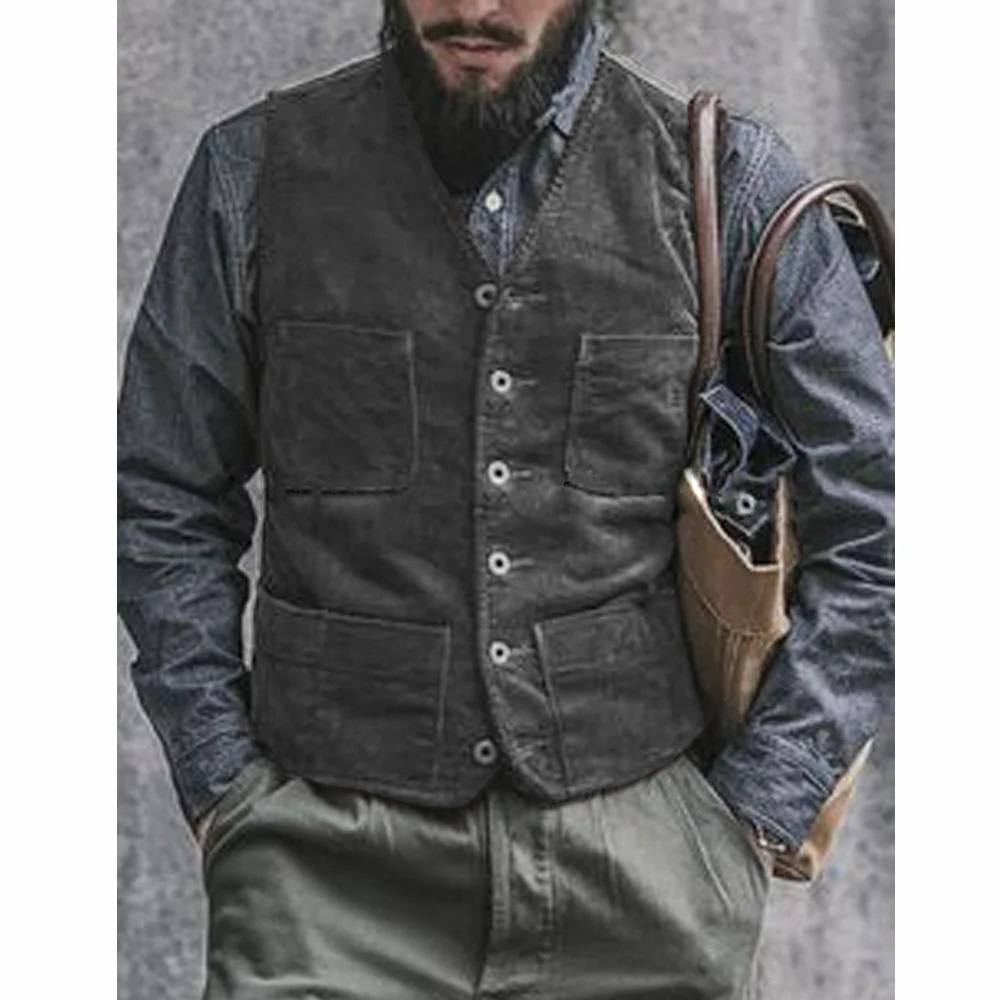 Men'S Gothic Formal Wear - เสื้อกั๊กคอร์ดูรอยสำหรับผู้ชาย ชุดลำลองสำหรับผู้ชาย ชุดทำงานสุภาพ เสื้อกั๊กคอวีแบบกระดุมแถวเดียว สไตล์โกธิค ชาเลโก