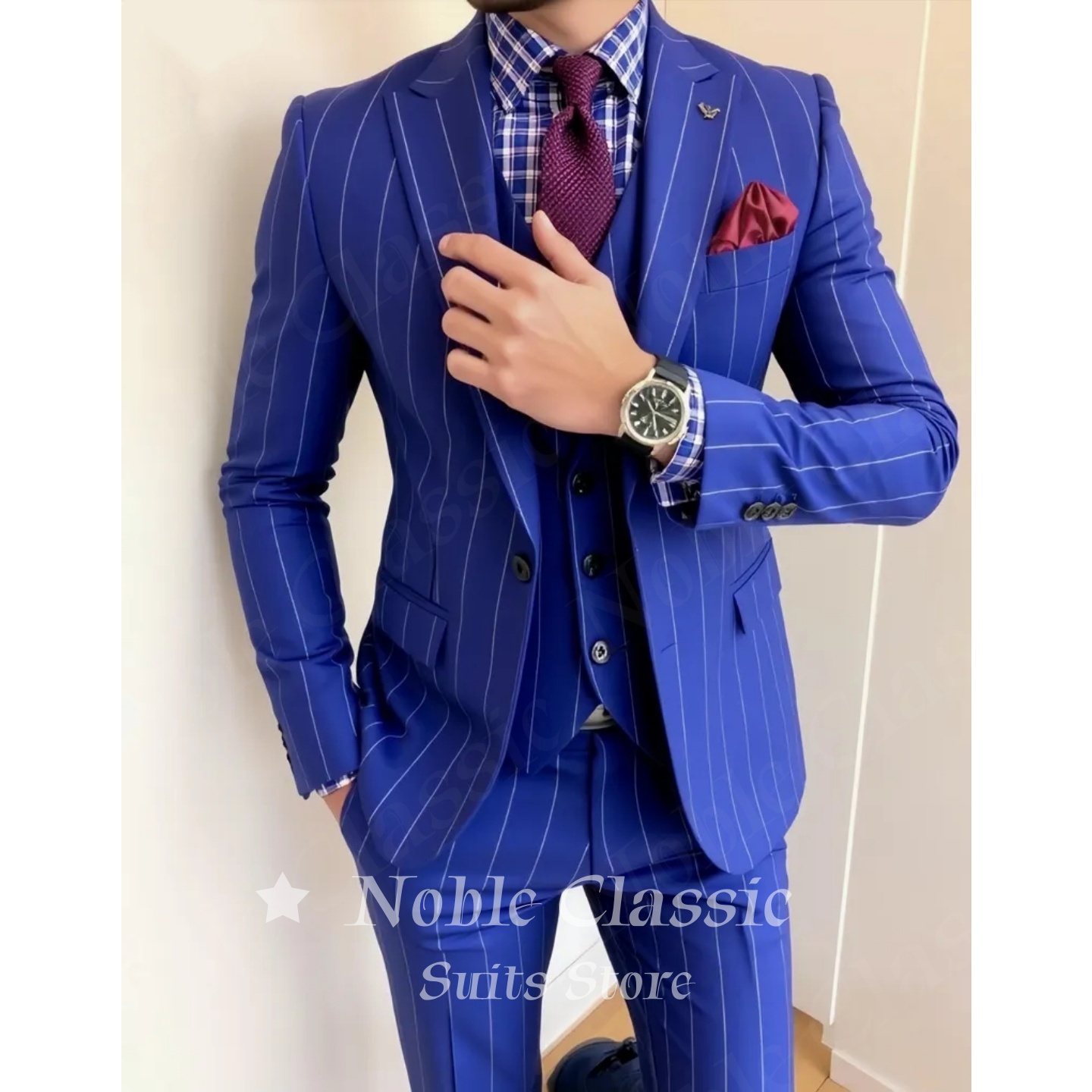Men Formal Wear Wedding Guest - ชุดสูทผู้ชายสีน้ำเงินลายทาง 3 ชิ้น ทรงเข้ารูป ปกแบบ Notch