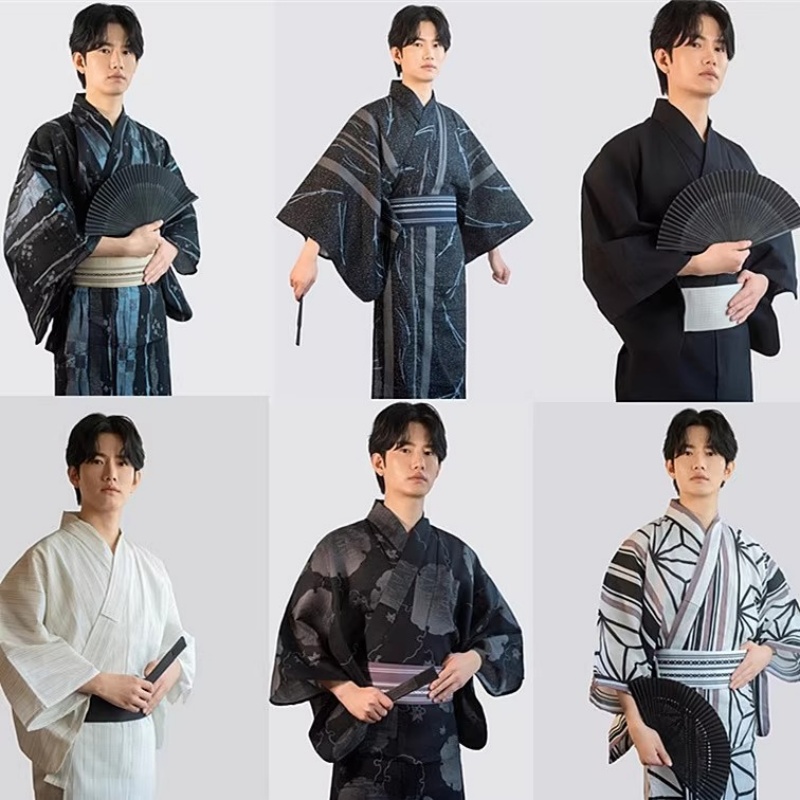 Traditional Japanese Men'S Formal Wear - ชุดกิโมโนแบบดั้งเดิมของญี่ปุ่นสำหรับผู้ชาย พร้อมเข็มขัด ผ้าฝ้ายพิมพ์ลาย ชุดยูกาตะสำหรับงานพิธีการ คอสเพลย์ ถ่ายภาพ
