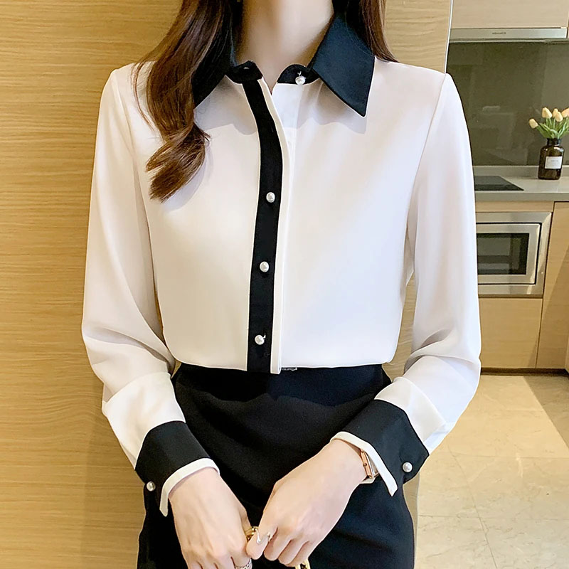 Young Men Formal Wear - เสื้อชีฟองสีขาวสำหรับผู้หญิง สไตล์เกาหลี ชิค กระดุมแถวเดียว ปกตัดสี เสื้อทำงานสำหรับสุภาพสตรี