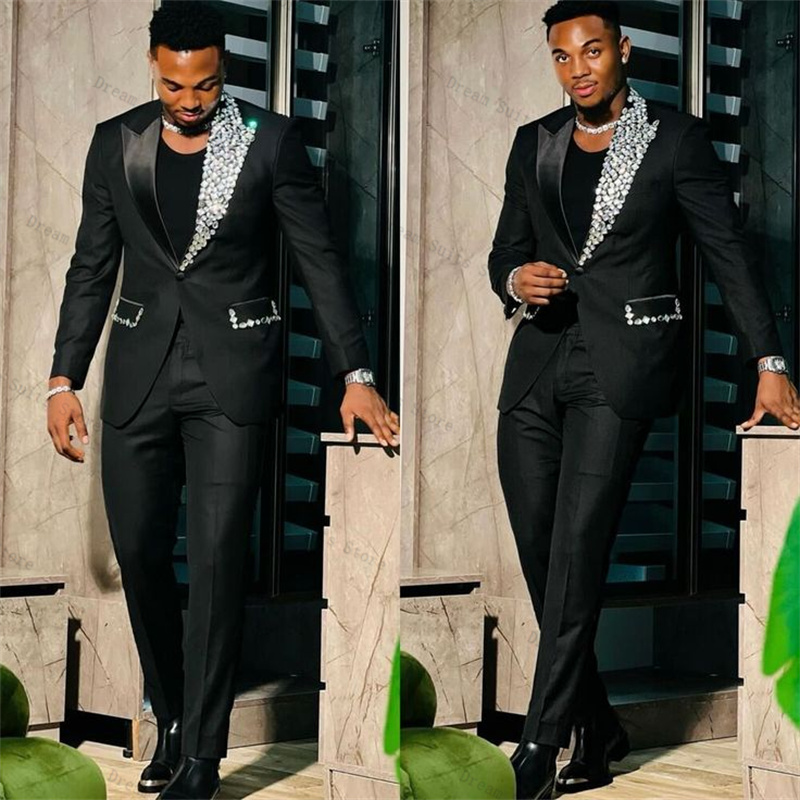 Men Formal Wear Wedding Guest - ชุดสูทผู้ชายแบบคริสตัล 2 ชิ้น สีดำ เสื้อเบลเซอร์+กางเกงขายาว ชุดสูทสำนักงานแบบสั่งตัด