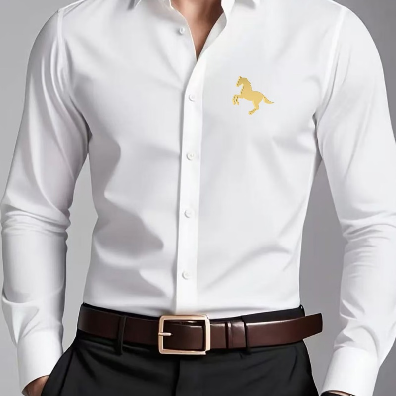 Men Formal Office Wear Shirts - เสื้อเชิ้ตผู้ชายพิมพ์ลายโลโก้ม้าสีทองหรูหรา ทรงเข้ารูป แขนยาว สวมใส่ได้ทั้งลำลองและเป็นทางการ เหมาะสำหรับใส่ทำงานในออฟฟิศ