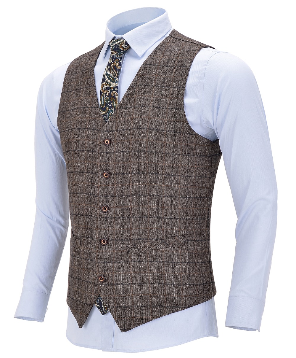 Formal Vest Waistcoat - เสื้อกั๊กผู้ชายทรงสลิมฟิต ผ้าฝ้ายผสมขนสัตว์ ลายสก็อตสีน้ำตาล สำหรับงานแต่งงาน งานพิธีการ ชุดสูทเจ้าบ่าว