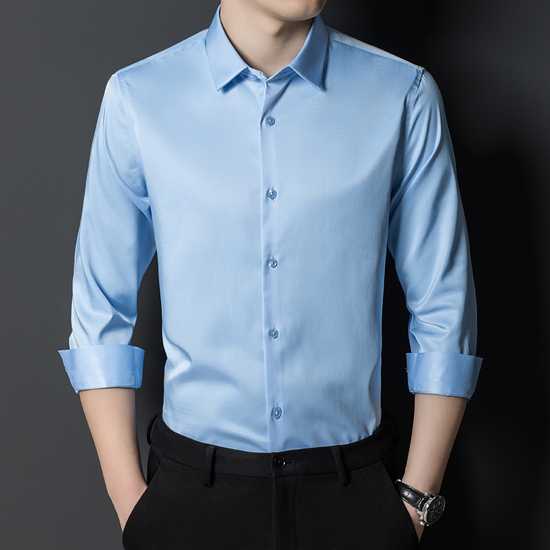 Men Formal Office Wear Shirts - เสื้อเชิ้ตผ้าไหมมัลเบอร์รี่สำหรับผู้ชาย สไตล์คลาสสิก เหมาะสำหรับใส่ทำงานในออฟฟิศ ไม่ยับ ระบายอากาศได้ดี สวมใส่สบาย