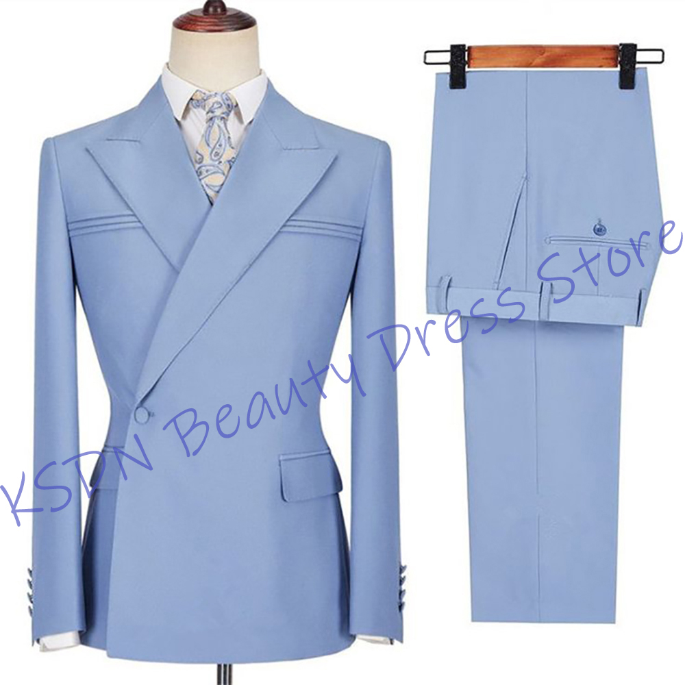 Elegant Formal Men'S Wear - ชุดสูทสีฟ้าอ่อนสำหรับผู้ชาย ทรงเข้ารูป สไตล์ลำลอง/ธุรกิจ แจ็คเก็ต+กางเกง สำหรับใส่ในชีวิตประจำวัน งานเลี้ยงกลางคืน