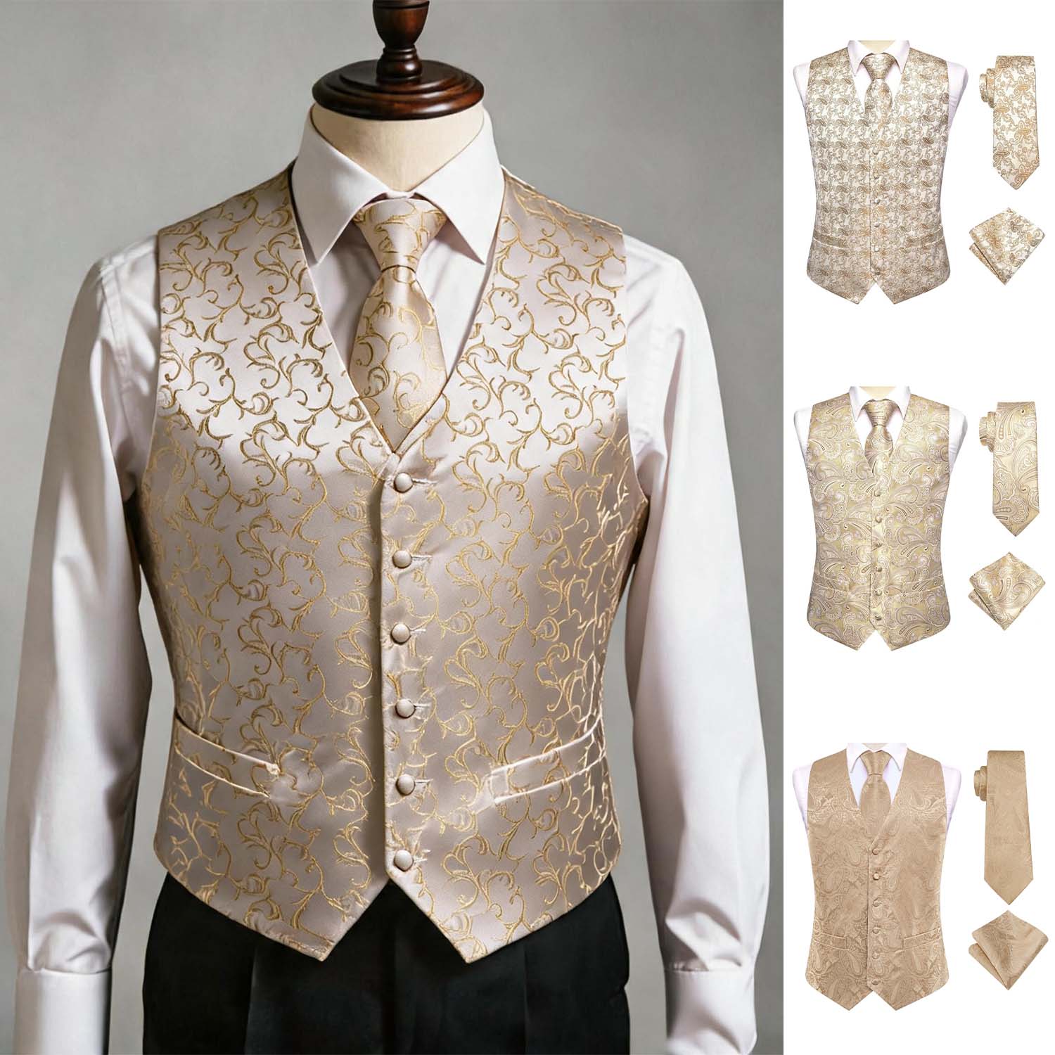 Pocket Square Set - ชุดสูทสามชิ้นสำหรับผู้ชายสีแอพริคอต ประกอบด้วยเสื้อกั๊กพร้อมเนคไทและผ้าเช็ดหน้าสำหรับงานพิธี