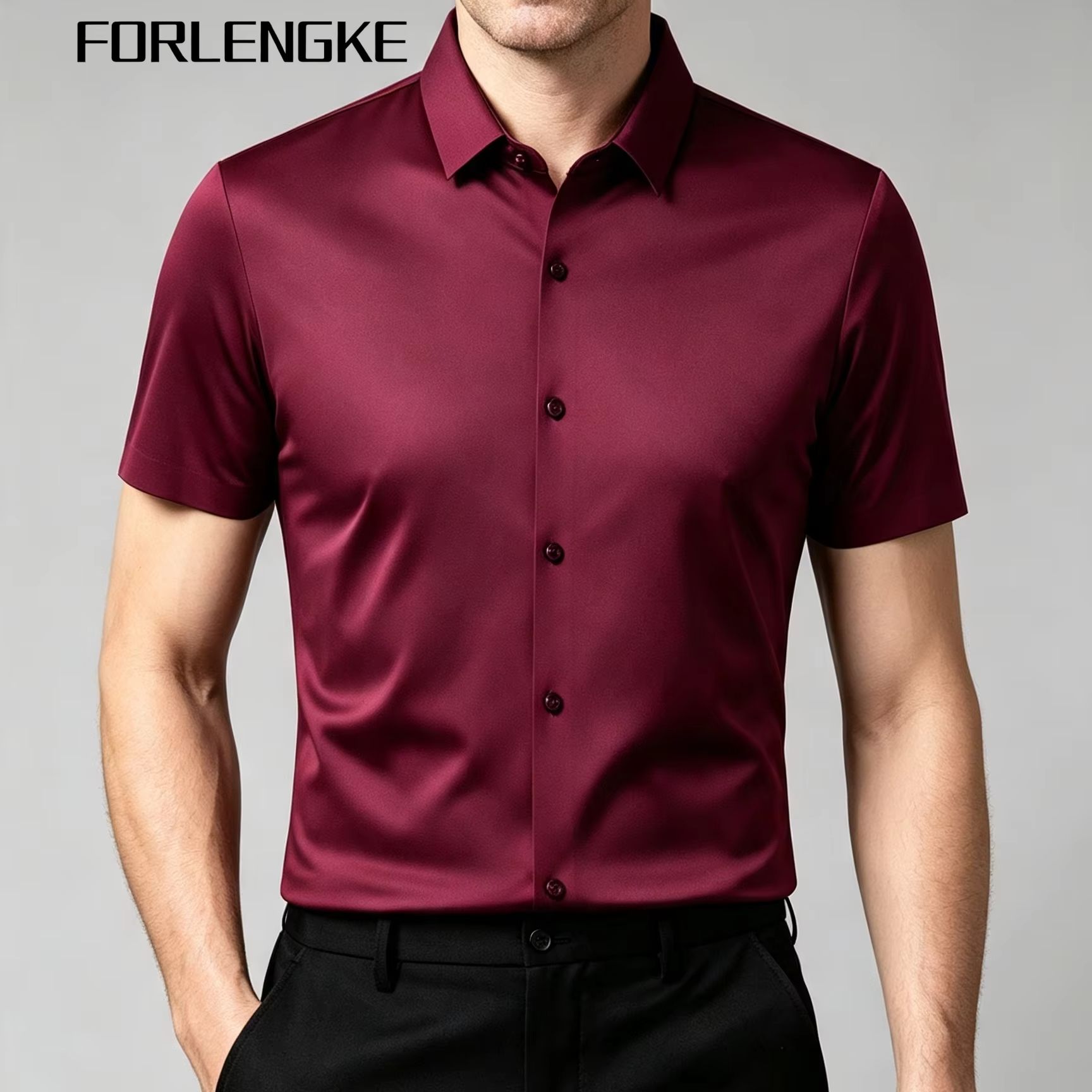 Men Formal Office Wear Shirts - FORLENGKE เสื้อเชิ้ตแขนสั้นผู้ชายสำหรับธุรกิจ ดีไซน์เรียบหรู เนื้อผ้านุ่มลื่น เหมาะสำหรับใส่ทำงานในฤดูร้อน งานแต่งงาน
