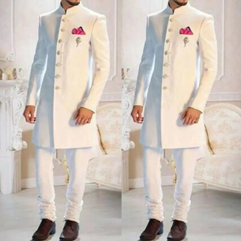 Men Formal Wear Indian - แฟชั่นสีขาวคอตั้งเดี่ยวอินเดีย Tuxedo เจ้าบ่าวยาวชุดสำหรับผู้ชายงานแต่งงานอย่างเป็นทางการ Slim Fit สวมใส่2pc