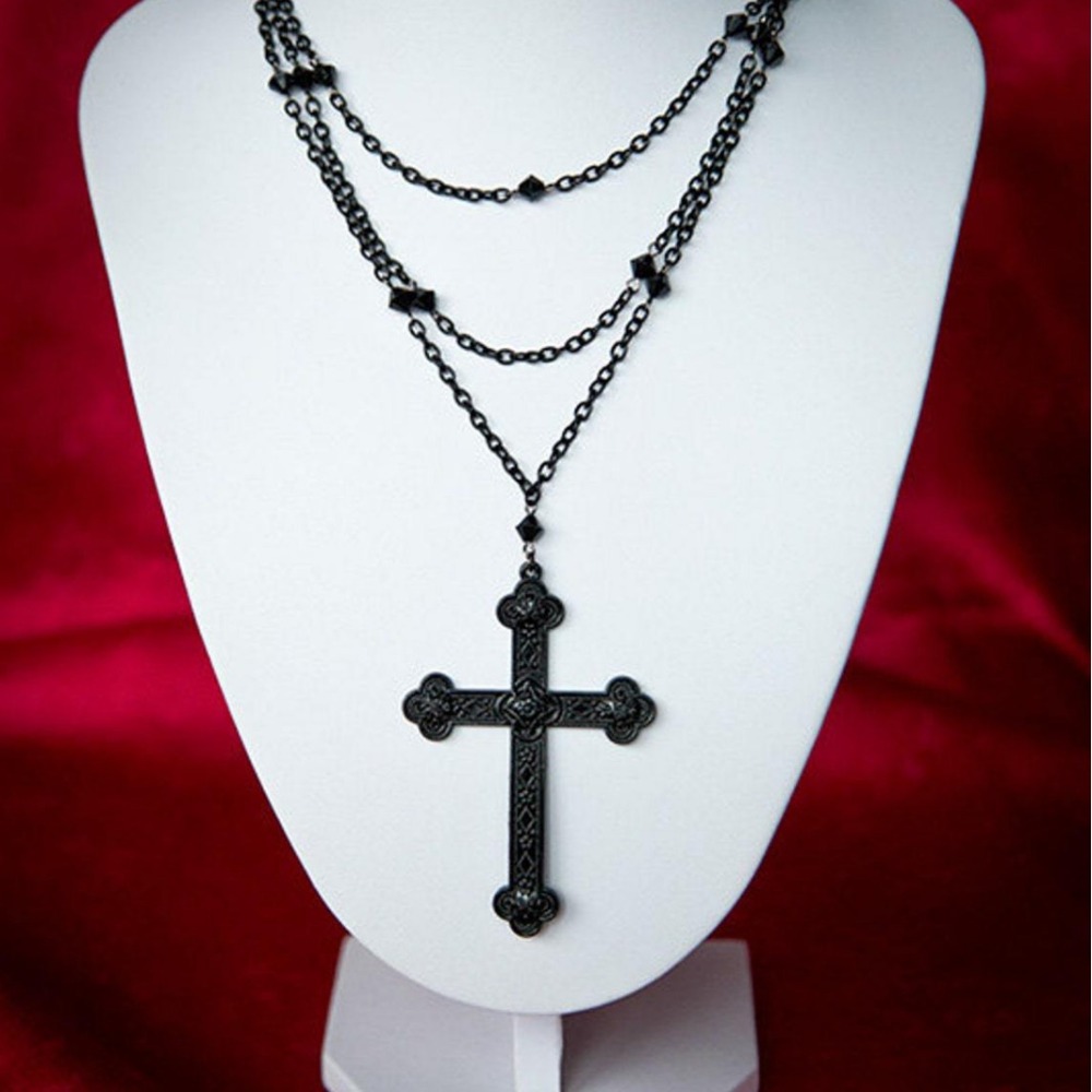 Men'S Gothic Formal Wear - อินเทรนด์Gothicสีดําแกะสลักรูปแบบจี้Multi-Layerพับสวมสร้อยคอยาวสําหรับผู้หญิงผู้ชายPunk Hip-Hopเครื่องประดับของขวัญ