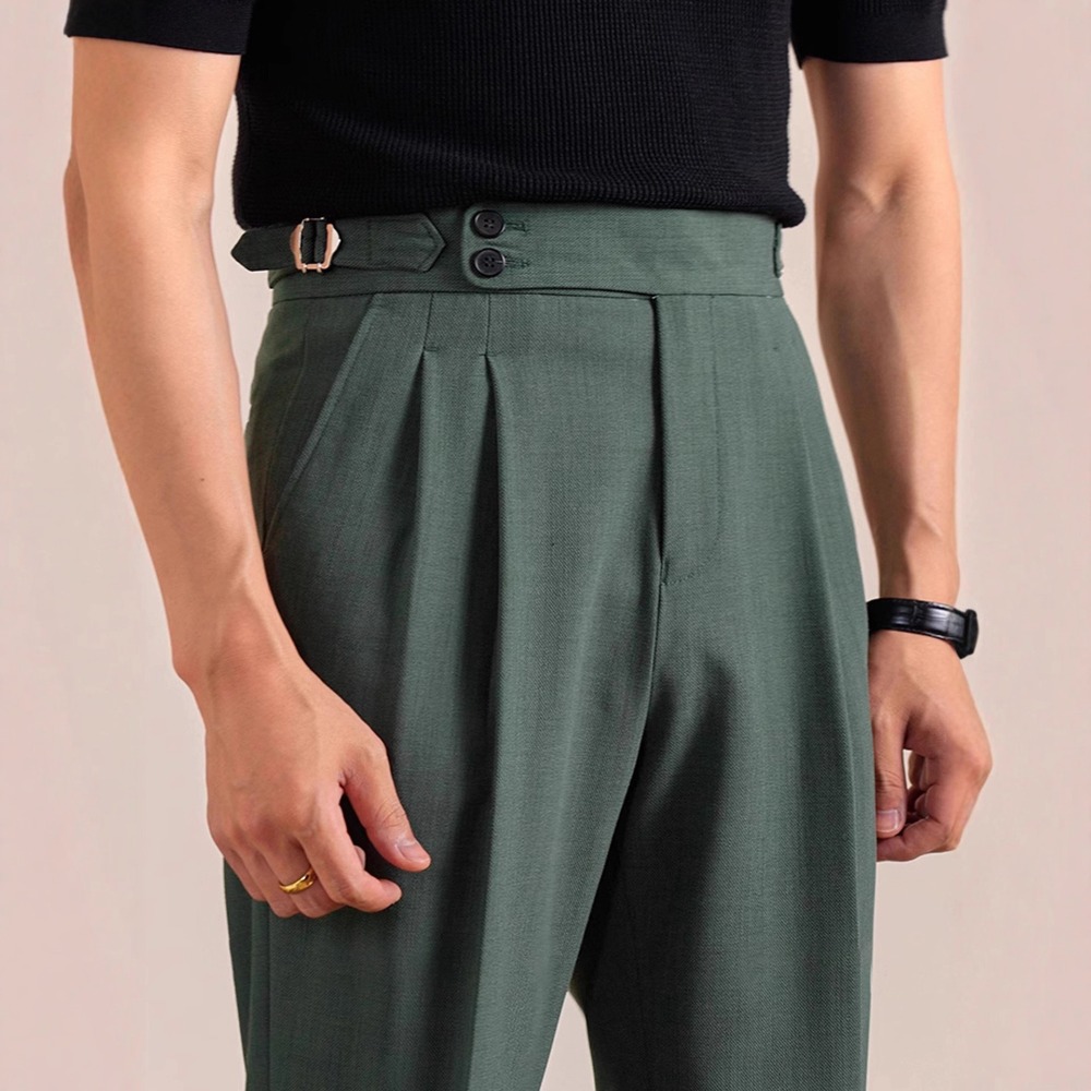Men Formal Wear Set - กางเกงสูทลำลองสไตล์อิตาเลียนจากเมืองเนเปิลส์ แฟชั่นอังกฤษ ทรงหรูหรา เรียบง่าย เอวสูง ทรงเข้ารูป
