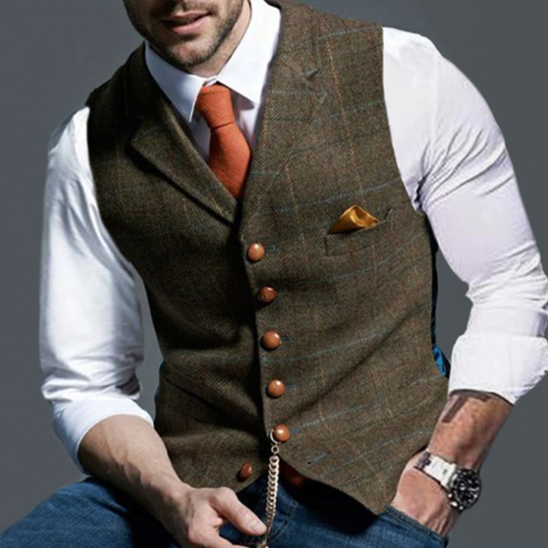 แฟชั่นผู้ชายเสื้อLapel Tweedลา - Formal Vest Waistcoat บทวิจารณ์และราคา