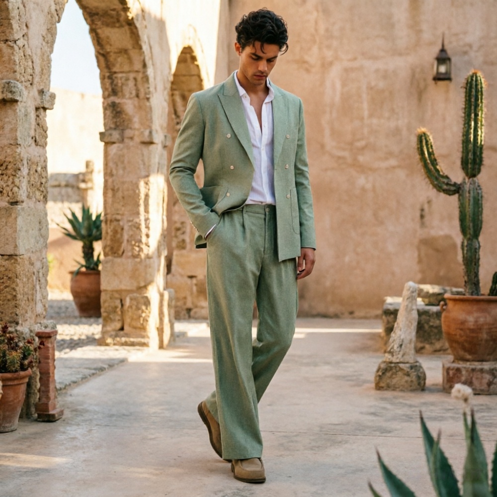 ชุดสูทผู้ชายสีเขียวเซจ ผ้าลินิ - Men Formal Wear Wedding Guest บทวิจารณ์และราคา